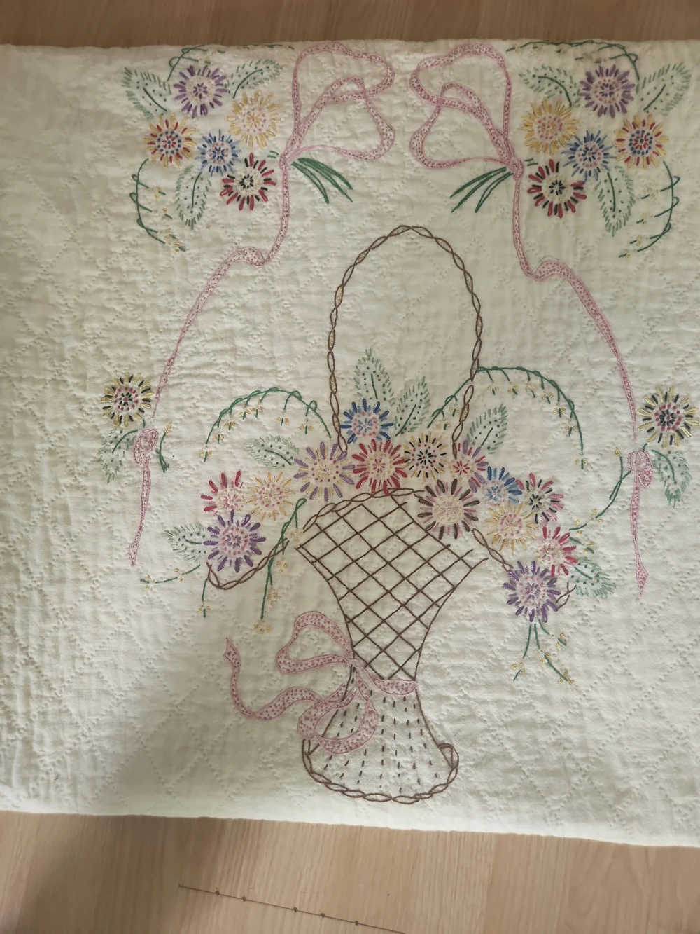 Hand-Embroidered Floral Basket Quilt Cover in Cream and Pastel Colors